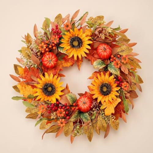 zjlmit Fall Wreaths for Front Door 24 Inch Artificial Fall Wreath with Orange Pumpkins Berries Maple Leaves and Grapevine Base Autumn Sunflower Wreath for Porch Harvest Festival Thanksgiving Day Decor - Image 7