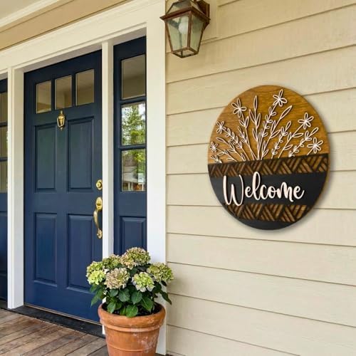 12" 3D Welcome Sign for Front Door Decor - Rustic Round Wood Wreath Wall Hanging - Modern Farmhouse Porch Decor - Housewarming, Wedding & New Home Gift - Spring Summer Decoration - Image 3