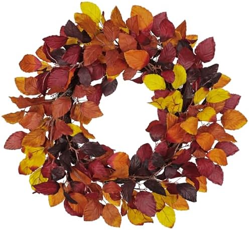 Artificial Fall Leaf Wreath for Front Door – 20" Autumn Wreath with Lifelike Fagus Sylvatica Foliages – Mixed Orange Yellow – Rustic Thanksgiving & Halloween Decoration for Indoor & Outdoor by Arborus