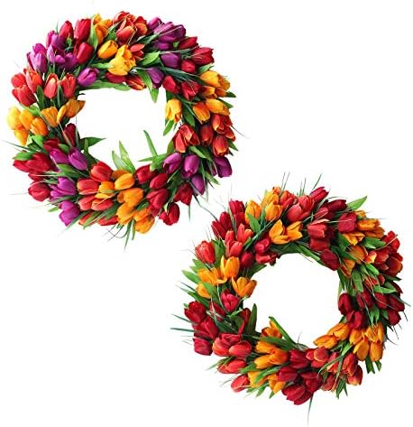 UIYIHIF 20 Inches Tulip Wreath, Artificial Flower Handmade Floral Wreath for 2023 New Spring, Simulation Round Spring Garland Wreath for Front Door Wedding Wall Home Decor - Image 3
