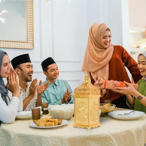 NEEDOMO Set of 2 Ramadan Decorations,14" LED Ramadan Lantern, Ramadan Decorations for Home, Vintage Gold Metal Candle Lantern with Lights, Remadan Decor for Table, Wall, Indoor Outdoor - Image 5