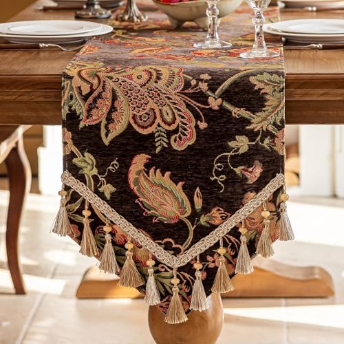 Floral Embroidered Table Runner 90 Inches Non-Slip Tassels, Dark Brown - Image 6