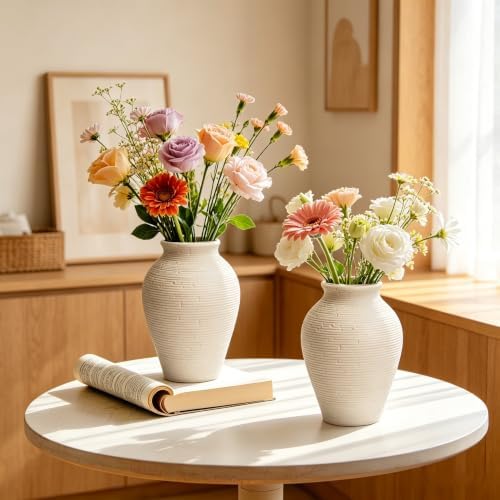 Ceramic Vase Set of 2 Embossed Rustic Farmhouse Home Decor - Image 7