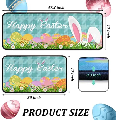2 Pcs Easter Kitchen Rugs and Mats for Floor Non-Slip Backing Easter Eggs Bunny Mat Easter Outdoor Decorations Anti Fatigue Kitchen Rug Sets with Runner (Happy Easter 03, 17"x47.2"+17"x30") - Image 2