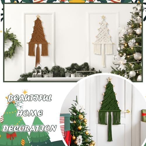 3 Pcs Large Macrame Christmas Tree Decor, Beige, Brown and Army Green - Image 4