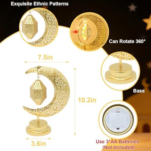 Lifnatty Ramadan Moon Lamp Decorations, Crescent Moon with Ramadan Lantern, Rotating Ramadan Table Lamp, Ramadan Decorations for Home, Eid Mubarak Decorations, Battery Operated Metal Eid Gifts - Image 3