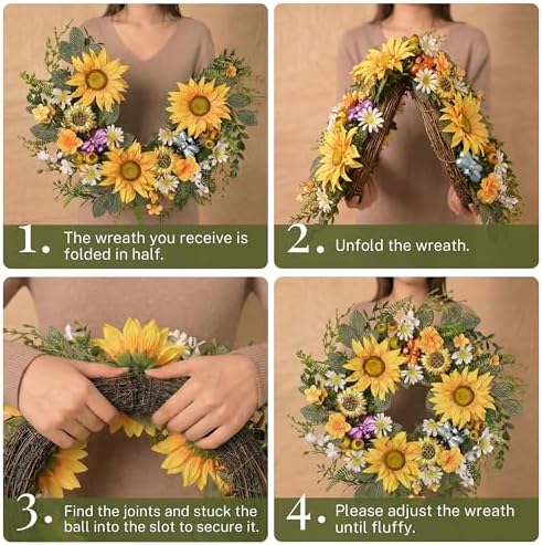 DecorbyHannah Summer Sunflower Wreaths for Front Door Outside All Season, 22 Inch Artificial Collapsible Farmhouse Wreaths with Daisy and Bee, Sunflower Decor for Porch, Wedding Housewarming Gifts - Image 6