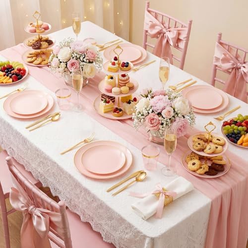 210PCS Pink Plastic Plates with Gold Rim,Plastic Dinnerware Set For Party - Image 3
