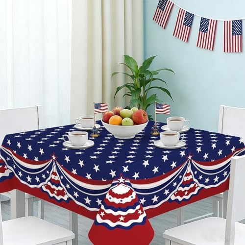 Square 4th of July Tablecloth 60x60 Inch, Patriotic Red White and Blue Table Cloth, Polyester Waterproof Wrinkle Resistant Independence Day Table Cover for Memorial Day Decorations Decor - Image 2