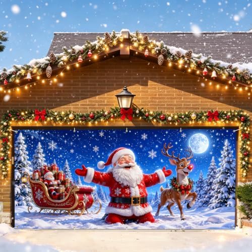 7x16FT Merry Chrismas Garage Door Banner Gingerbread Deer Snowman Santa Claus Winter Garage Door Cover Decoration for Chrismas Outdoor Decoration by FOREVERQUEEN