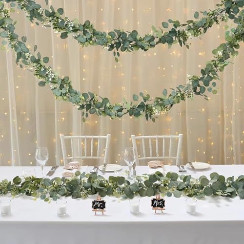 6 Pack Artificial Eucalyptus Garland 6.2 Long Faux Silk Leaf Eucalyptus Leaves Vines Greenery Garland with White Flower All Season for Wedding Arch Indoor Outdoor Wall Decoration - Image 4
