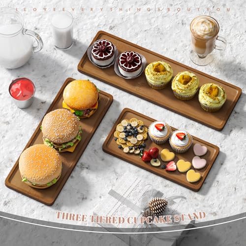 3 Tier Serving Tray Cupcake Stand and Towers Serving Tray for Party Food Tray Farmhouse Serving Platter Decorative Tray Decor Dessert Display Set Tiered Tray Stand (Brown) - Image 4