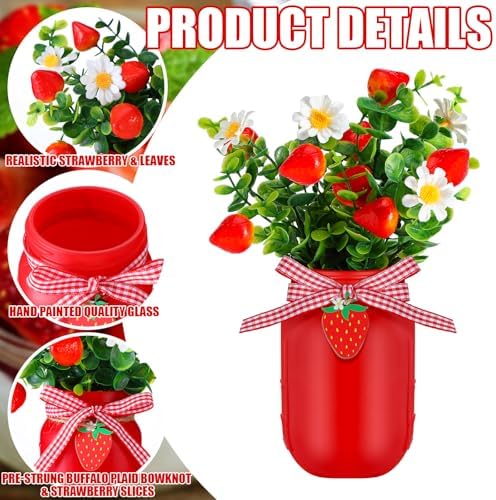 Lyrow 6 Pack Strawberry Mason Jar Table Centerpiece Faux Strawberry Christmas Mason Jar Winter Centerpiece for Table Farmhouse Decoration for Xmas Home Tiered Kitchen Tray Decoration - Image 3