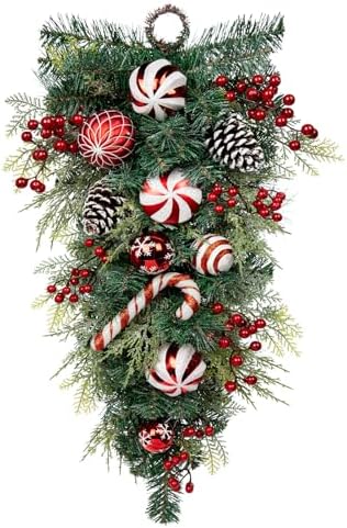 30" Christmas Teardrop Swag for Front Door Artificial Winter Swag Garland with Pine Cones, Berry Clusters, Red Ball Ornaments and Ribbons for Thanksgiving Holiday Christmas Decoration by Arborus