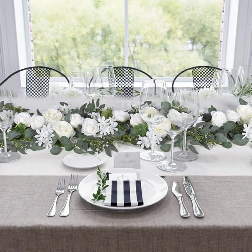 DearHouse 2Pcs Artificial Peony Flower Garland and - Silk Peony Garland with Flowers and Eucalyptus for Wedding Party Table Decoration,6ft/Strand (White) - Image 2