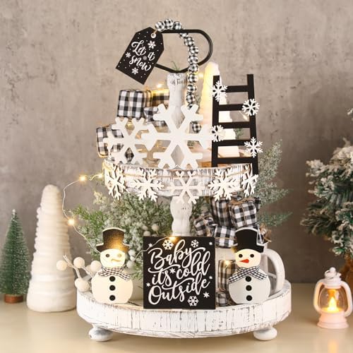 Shellwei 14 Set Winter Tiered Tray Decor with Tray Snowmen Decorations Winter Snowflakes Wood Decor Black and White Rustic Farmhouse Wooden Sign Decoration for Home Tabletop - Image 2
