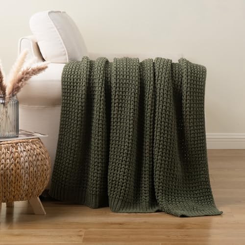 Olive Green Throw Blanket for Couch, Waffle Knit Blanket Throw 60"x80" - Image 3