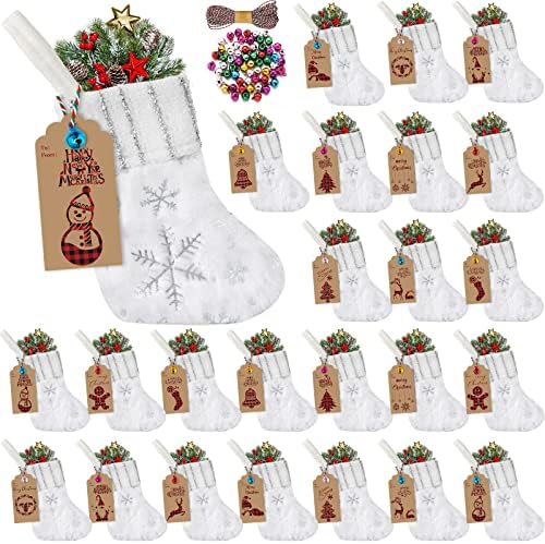 24 Set Mini White Snowflake Christmas Stockings with Gift Tags Bells by Glimin