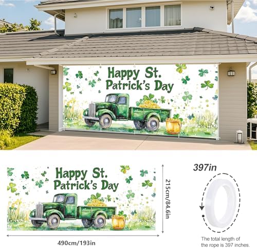 St. Patrick’s Day Garage Door Banner 7x16FT, Green Truck & Shamrocks Garage Door Cover, Festive Outdoor Decoration for St. Patrick’s Day Parties and Yard - Image 3