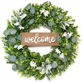 24Inch Spring Wreaths for Front Door, Faux Boxwood Wreath for Front Door with Welcome Sign, Artificial Foldable Wreaths for Indoor Outdoor, Green Wreath for Front Door Decor Wall Hanging by SOLCHRYHOM