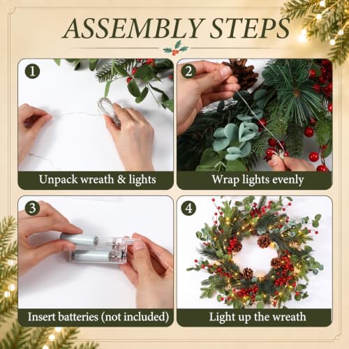 Kajaia 22'' Christmas Wreath for Front Door with Lights Decoration, Red - Image 5