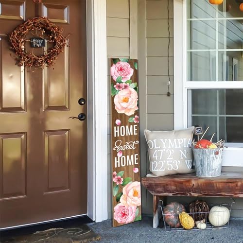 Pink Rose Home Sweet Home Wooden Board 8x48inch Spring Flower Welcome Sign and Porch Leaner Summer Decoration for Front Door Yard Deck Patio Farmhouse Vertical Decorations - Image 2