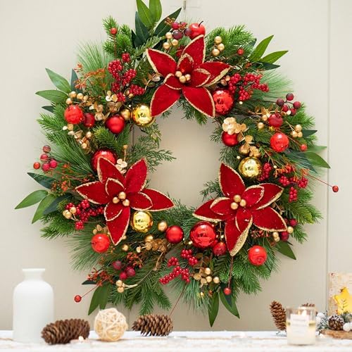 Christmas Wreaths for Front Door- 24 Inch Outdoor Prelit Christmas Door Wreath with Lights, Lighted Xmas Wreath with Poinsettia Flowers,Red Berries,Golden Ball- Home Christmas Decorations - Image 3