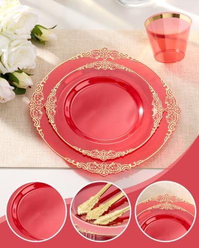 Bestluck 175PCS Clear Red Plastic Plates for 25 Guests - Image 2