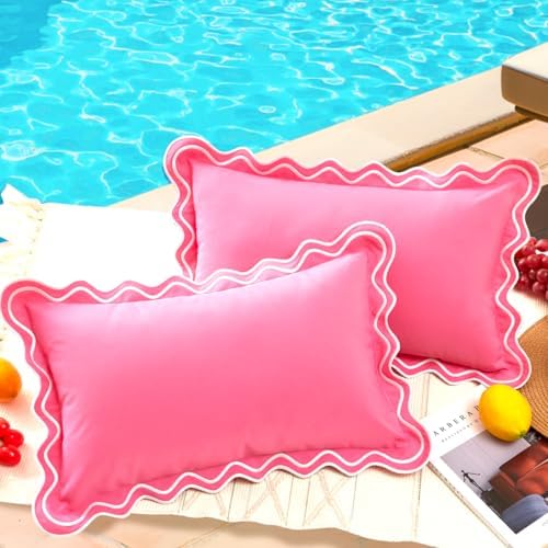 JOJOGOGO Hot Pink Scalloped Outdoor Lumbar Pillow Covers 12x20 Set of 2 by JOJOGOGO