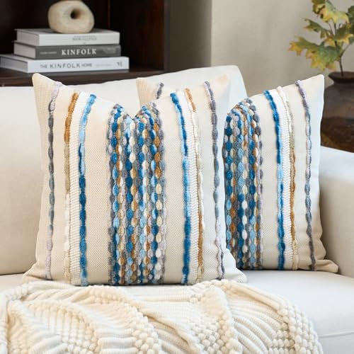 Aeckself Boho Pillow Covers 18x18 Inch Set of 2, Farmhouse Decorative Striped Square Chenille Tufted Accent Neutral Throw Pillow Covers for Living Room Couch Bed, Sky Blue by AECKSELF