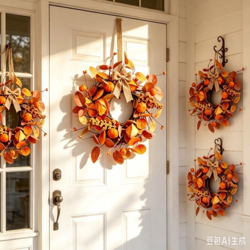 4 Pcs Small Fall Hanging Wreaths with Artificial Autumn Eucalyptus Leaves Mini Pumpkins Berry Clusters Burlap Ribbon Mini Cabinet Wreath for Home Kitchen Farmhouse Thanksgiving Harvest Party Decor - Image 6