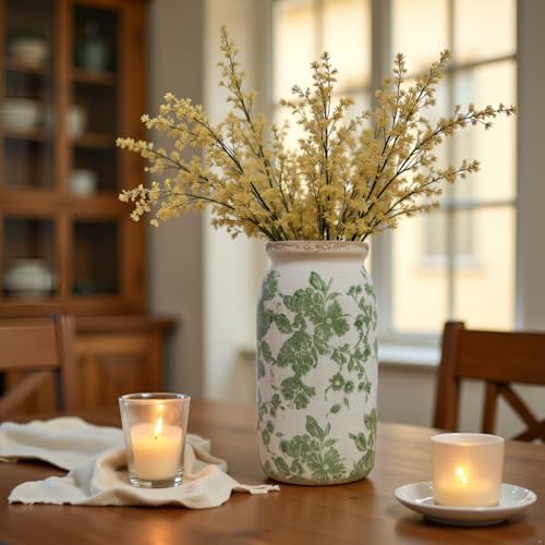 Vintage Green Floral Ceramic Vase, 8 Inch Crackle Glaze Rustic Handmade Vase, Decorative Pottery for Fresh or Dried Flowers, Farmhouse Cottage Modern Rustic Decor - Image 7