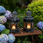 Set of 2 Black Distressed Metal Lanterns, Vintage Farmhouse Decorative Wind Lights, Rustic Hanging Candle Holders Lantern for Christmas, Mantel, Tabletop - Image 3