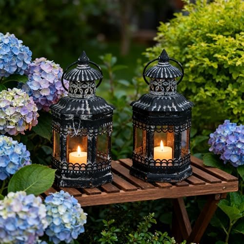 Set of 2 Black Distressed Metal Lanterns, Vintage Farmhouse Decorative Wind Lights, Rustic Hanging Candle Holders Lantern for Christmas, Mantel, Tabletop - Image 3