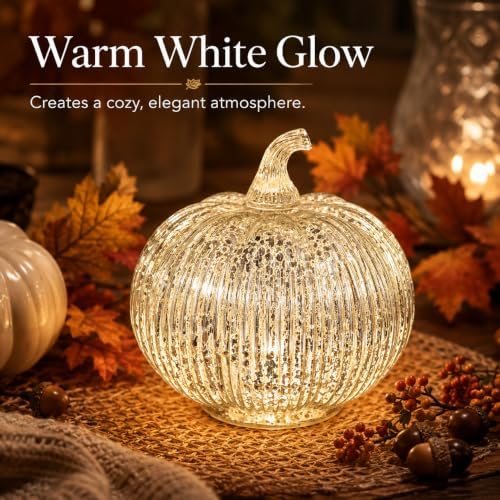 Silver Mercury Glass Pumpkin Light with 2 Lighting Modes and 6-Hour Timer, 5.5 x 6 Inch Battery Operated Fall Decor for Thanksgiving and Christmas Table Centerpiece - Image 2