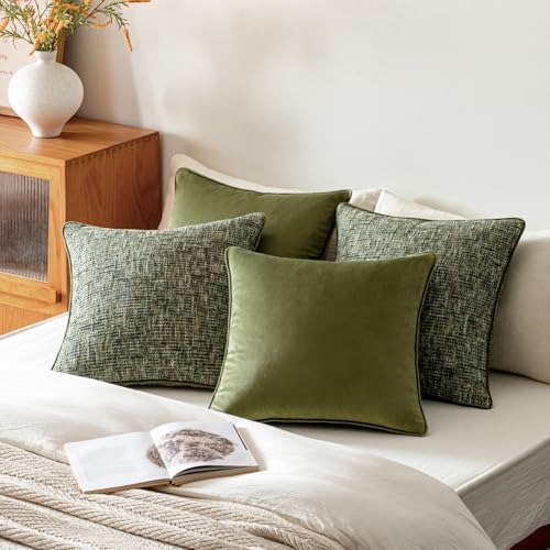 a moment Dark Green 4 Pack Throw Pillow Covers - Chenille & Velvet Set with Piping, Farmhouse Textured Design Cushion Cases for Couch Sofa Bed (20x20 Inch, No Insert) - Image 3