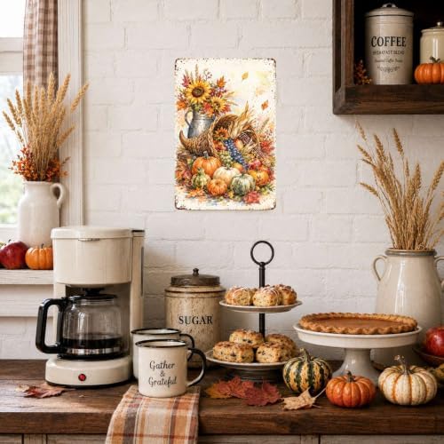 Decorative Tin Sign Watercolor Metal Tin Sign Autumn Cornucopia Pumpkins Fruit Sunflowers Harvest Wall Decor for Dining Room Kitchen Living Room 12×16 Inches with Metal Frame - Image 4
