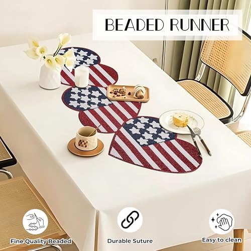 Independence Day 4th of July Patriotic Theme American Flag Table Runner - Heart Shape Decorative Beaded Runner for Christmas Holiday Harvest Easter Events - 13x36 - Red Multi - Image 5