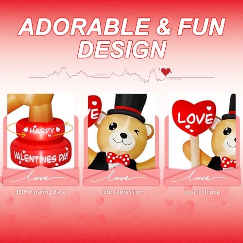 B&D 6FT Valentine Inflatables Outdoor Decorations, Rotating Valentines Bear Inflatable Stands on The Turntable Built-in LEDs Valentines Blow Up Yard Decorations for Party Wedding Propose Garden Lawn - Image 3