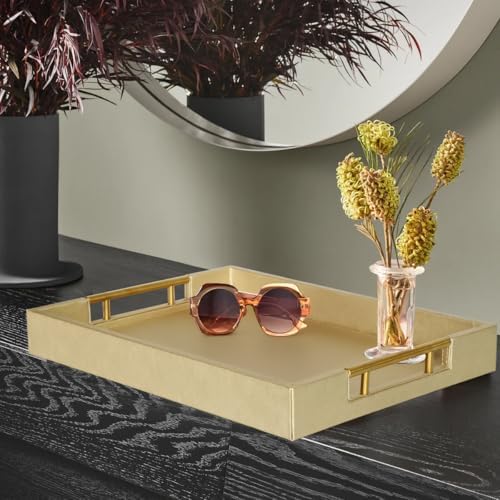 HofferRuffer Faux Leather Serving Tray with Gold Metal Handles, Stylish Decorative Tray Organizer for Coffee Table, Ottoman, Home Decor and Serving (Gold, 16.2" x 12.2" x 2") - Image 5