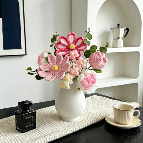 Crochet Flower Bouquet, Pink Handmade Knitted Flowers with Card - Image 5