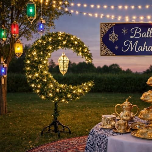 Glooglitter 3ft Ramadan Moon Tree: Lighted Crescent Artificial Tree with Star String LED Eid Outdoor Decoration for Eid Ramadan Garden Home Bedroom Party Decor(Green) - Image 3
