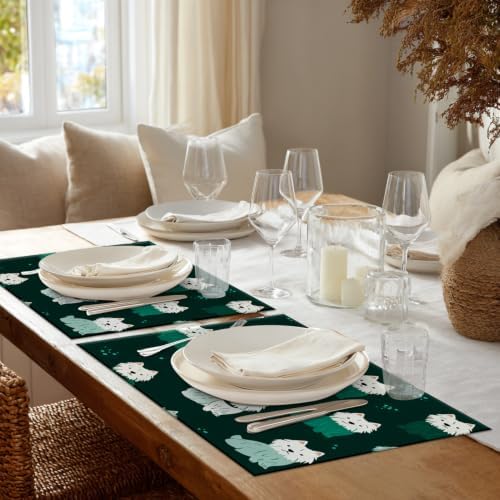 Shrahala Cute Dog in Dark Green Placemats, White Dogs Spots Table Mat Linen Burlap Washable Double-Deck Heat Insulation for Dining/Kitchen Table Set of 6 (12 X 18 Inch) - Image 3