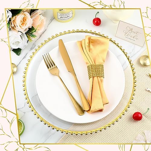 Uiifan 50 Sets Clear Gold Charger Plates Bulk with Napkin Rings Set 13 in Beaded Plastic Charger Plates Hollow Napkin Rings Round Dinner Plate for Wedding Party Table Setting Event Decoration - Image 4
