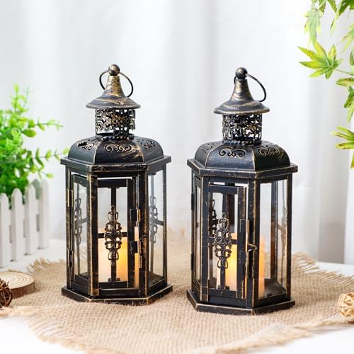 JHY DESIGN Decorative Candle Lanterns Set of 2 10" H Vintage Hanging Lanterns Metal Candleholders for Indoor Outdoor Home Parities and Weddings (Black with Gold Brush) - Image 6