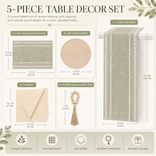 Boho Table Runner and Placemats Set of 6, Modern Farmhouse Table Decor - Image 2