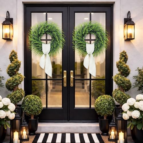 26''Large Artificial Boxwood Wreath for Front Door, All Year Round Greenery Wreath Home Decor Artificial Spring Summer Greenery Hanging for Wall Farmhouse Wedding Indoor Outdoor Decor(Include Ribbon) - Image 6