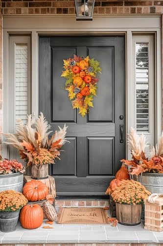Pumpkin Harvest Teardrop Swag, 23.6 Inch, Mini Pumpkins & Fall Leaves - Image 4