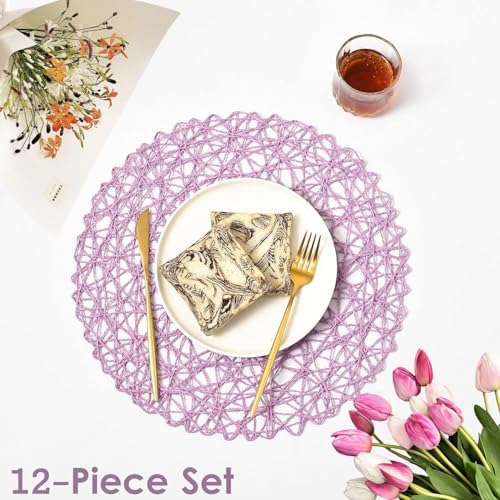 IcosaMro Round Woven Placemats Set of 12 for Dining Table, 15 Inches Paper Boho Decorative Circle Place Mats for Wedding Christmas Thanksgiving Day Holiday Dinner (Lavender) - Image 2