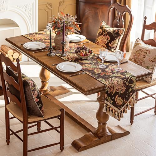 Floral Embroidered Table Runner 108 Inches Non-Slip Tassels, Dark Brown - Image 2